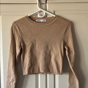 Zara Beige Long Sleeve Crop Top